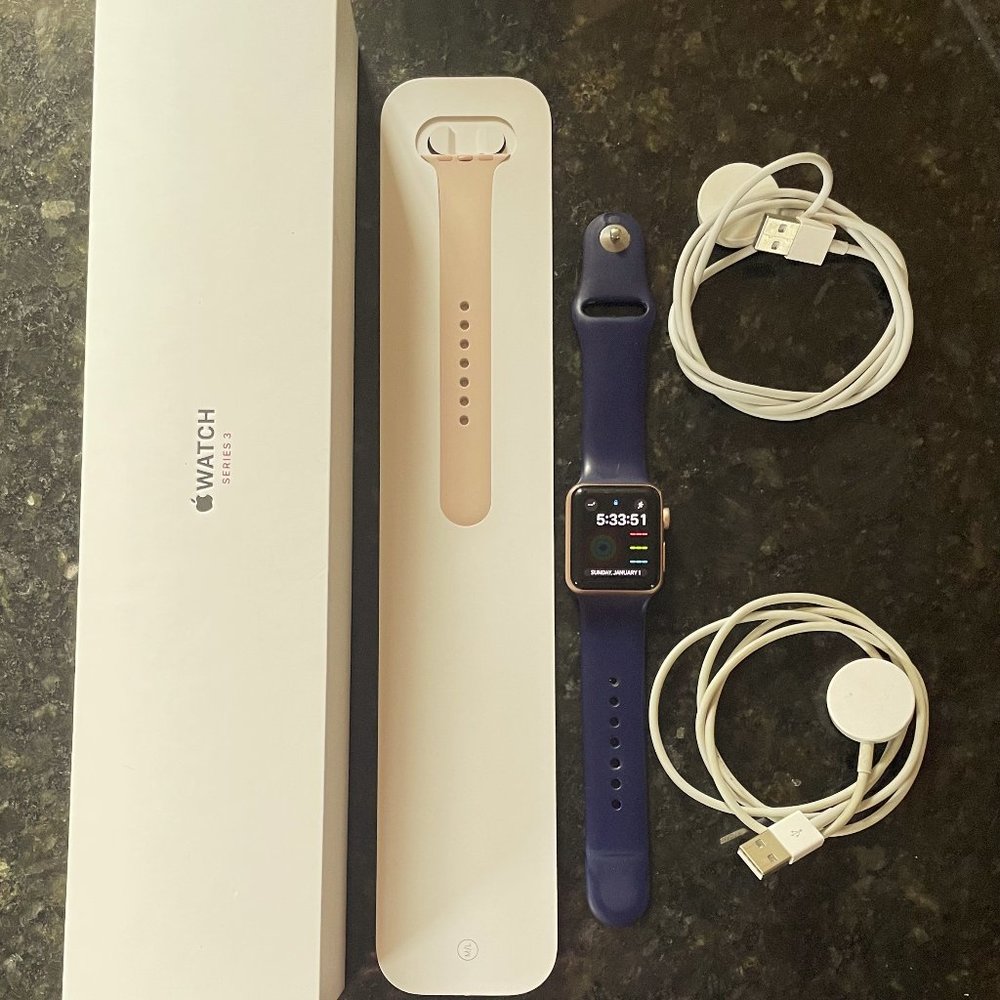 Apple Watch Series 3-38mm Gold Aluminum Case with Pink Sand Sport Band + Extras